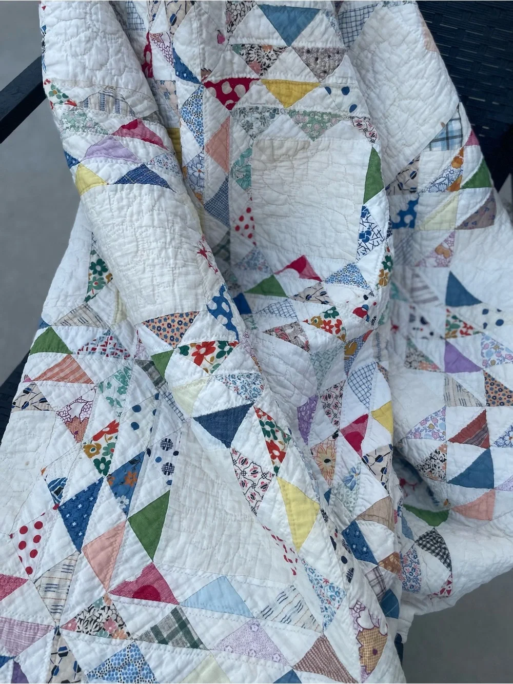 Vintage Feedsack Ocean Wave Quilt Hand Quilted 82x70 Cottage Farmhouse